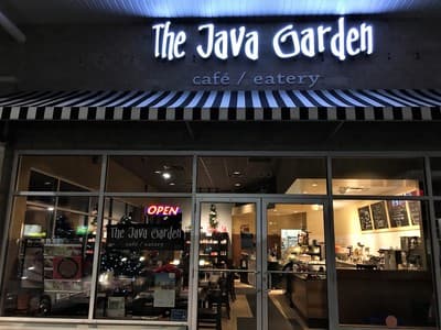 The illuminated Java Garden cafe / eatery storefront sign at 600 Laurelwood Drive in Waterloo.
